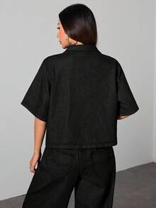 SHEIN 少女纯色水洗深蓝色牛仔衬衫，翻领短袖上衣，夏季牛仔套装，办公室穿着，学院风，秋季衬衫，返校季，校园上衣，返校节 - 黑色 - 查看 2