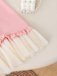 SHEIN Gaun Kasual Anak Perempuan Motif Blok Warna Pink & Aprikot dengan Hiasan Mutiara Jala, Cocok untuk Pemakaian Sehari-hari & Bepergian - Berwarna merah muda - View 5