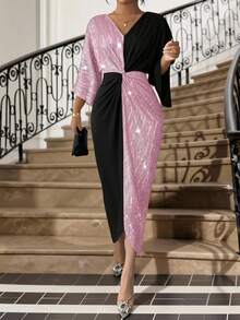 SHEIN Lady Đầm dự tiệc cỡ lớn dành cho nữ, cổ chữ V, phối màu, thắt eo. - Nhiều màu - Xem 5