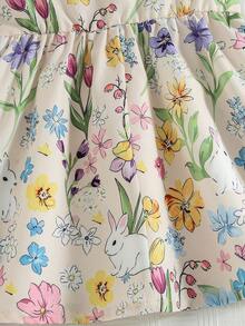 Souflis Souflis 1pc Baby Girls' Summer New Round Neck Dress, Cute Rabbit & Floral Print, Ruffle Trim, Elastic Waist, Big Bow Decor, Simple & Versatile Holiday Dress - Yellow - View 5