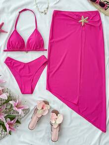 SHEIN 3件套少女纯色挂脖金属装饰比基尼上衣、下装和裙子泳装套装，夏季沙滩装，泳衣 - 玫紅色 - 查看 6