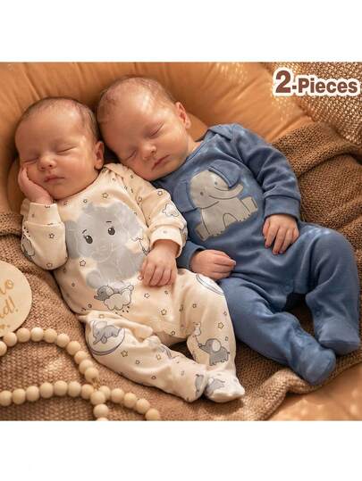 Loomiva Conjunto de 2 piezas de pelele de manga larga con cuello redondo suave de punto con estampado de elefante de dibujos animados para bebé recién nacida