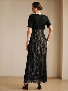 Arave Women's Lace Patchwork Knitted Fabric Round Neck Waist Belt Design Elegant Date Night Dress Lace Maxi Dress Elegant Skirt Set Lace Black Dress Long Skirt - Black - View 7