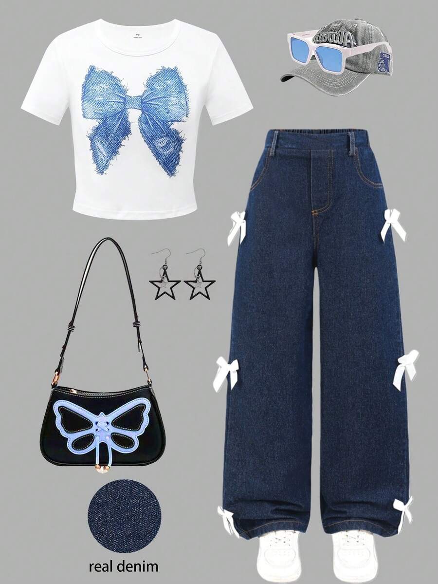 SHEIN ChillGRL 两件套女童休闲套装 - 蝴蝶结装饰T恤和牛仔裤 - 彩色 - 查看 1