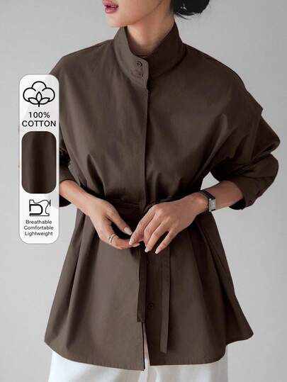 Dazy-Less Loose Business Casual Long Sleeve Shirt For Women, With Drawstring Waist Design, Suitable For Office, Commuting, Spring/Summer/Autumn