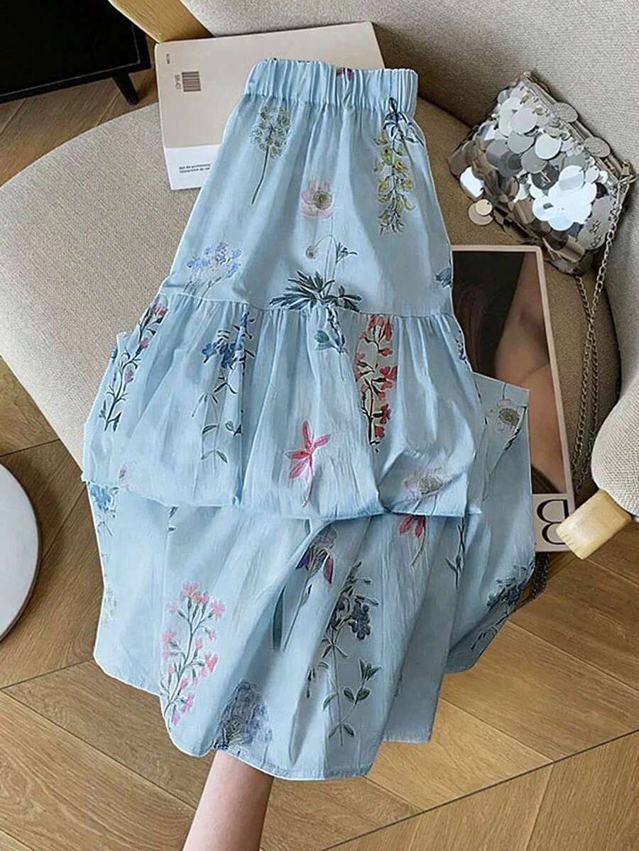 GlowEve 新款花卉图案别致法式风格女式半身裙 - 藍色 - 查看 1