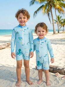 男童卡通海洋动物印花半拉链无袖连体泳衣，沙滩度假风 - 藍色 - 查看 9