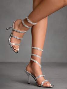 CUCCOO SZL Women's Rhinestone Embellished Wrap-Around Glamorous High Heel Party Sandals - Silver - View 3