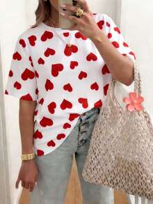 EMERY ROSE 情人节女士休闲圆领短袖T恤，心形印花，大码T恤，女装 - 白色 - 查看 1