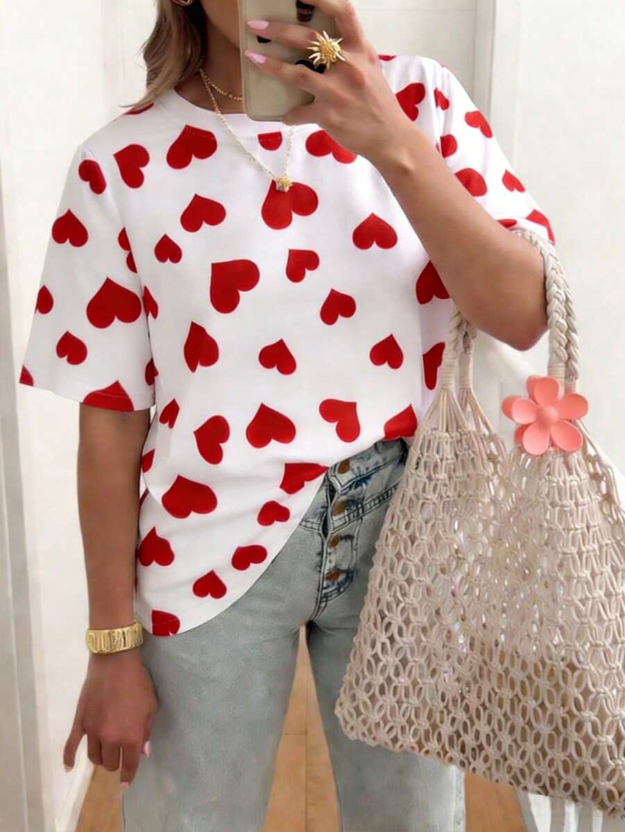 EMERY ROSE 情人节女士休闲圆领短袖T恤，心形印花，大码T恤，女装 - 白色 - 查看 1