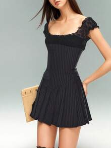 Rina Fox 女士条纹印花蕾丝拼接迷你连衣裙 - 黑色 - 查看 3