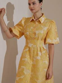 Aveloria Rosie Elegant Sweet Puff Sleeve Jacquard Cutout Waist Pleated Mini Dress - Yellow - View 3