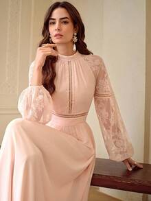 ZEYLAH Elegant Romantic Lace Patchwork Flare Sleeve Fitted A-Line Dress, Spring/Summer - Coral Pink - View 6
