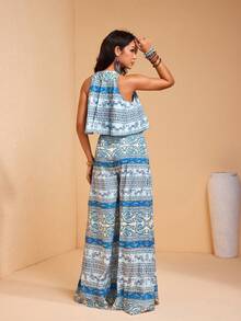 JIAN LASALA 女士度假休闲圆领无袖叠层阔腿长款连体裤，全身印花 - 藍色 - 查看 2