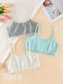 Bộ 3 áo ngực thoải mái, tối giản, màu trơn, viền ren dành cho bé gái tuổi teen. - Nhiều màu - Xem 3