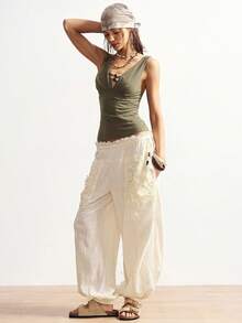 Bohemela 休闲纯色针织V领无袖修身女式背心 - 卡其色 - 查看 11