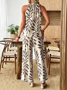 Selamara Women's Elegant Tropical Print Tassel Halter Neck Sleeveless Top And Wide Leg Pants 2 Pieces Set, Vacation Outfit - Apricot - View 2