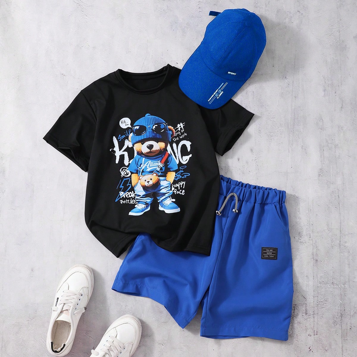 Set de 2 piezas de camiseta de manga corta y pantalones cortos informales con estampado de oso para niños, primavera/verano