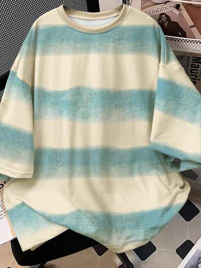 Manfinity 남성 스트라이프 프린트 라운드넥 반팔 캐주얼 다용도 티셔츠