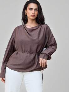 Maija Plus Size Women's Chocolate Brown Crinkle Chiffon Blouse,Elegant Formal Autumn High Neck Long Sleeve Top With Detachable Belt & Cuff Button Decor - Brown - View 4