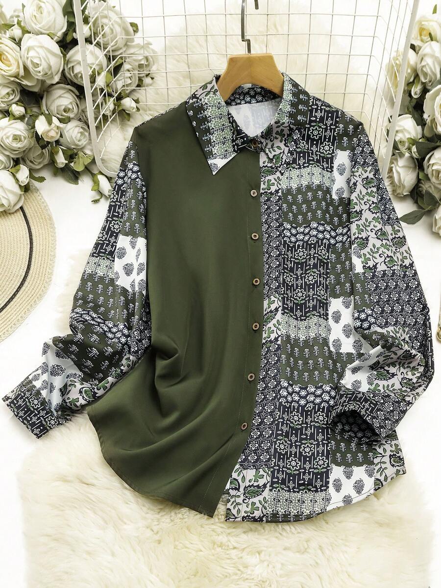 Lacomfia Plus Size Women Floral Print Long Sleeve Single-Breasted Casual Shirt - Multicolor - View 1