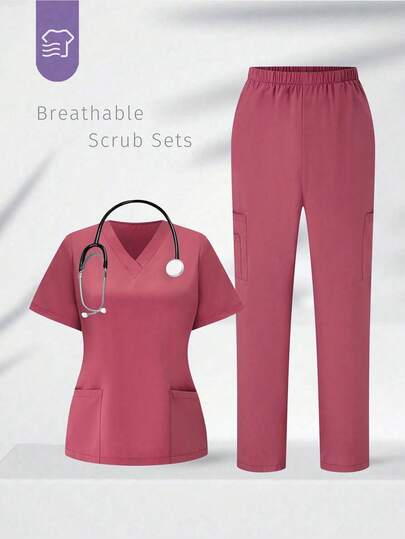 TaskEZ Scrubs Set: V-Neck Short Sleeve Top & Pants Scrub Uniform For Healthcare Workers