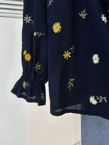 Lacomfia Plus Size Embroidered Slim Fit Long Sleeve Shirt, Casual For Spring & Autumn - Navy Blue - View 3