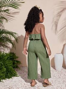 Conjunto de top corto de halter texturizado verde y pantalones rectos para niña en vacaciones tropicales - Verde - Ver 2