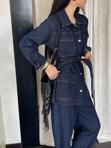 DAZY Women's Solid Color Belted Front Button Long Sleeve Top And Jeans Pants Set