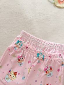 SHEIN Babygirl 4pcs Summer Pink White Cute Night Set,Halter Top & Shorts,Cartoon Rabbit Print Checkered Knitted Fabric,Loose Fit Sweet Style For Picnic - Multicolor - View 8
