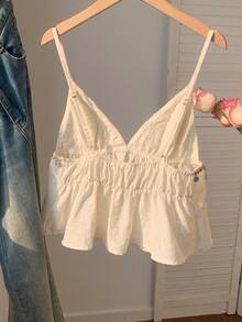 Comfortcana Women's Apricot Ruffle Hem Peplum Top Sexy Spaghetti Strap Cropped Blouse - Apricot - View 2