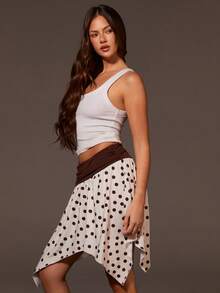 Athîral Women's Brown And White Polka Dot Asymmetrical Skirt,Casual Boho Autumn Vacation Summer Wear,Music Festival Date Party,Elastic Knitted Soft Fabric - Mocha Brown - View 4