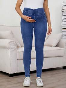 SHEIN Quần jean denim dáng rộng không đối xứng có túi dành cho bà bầu, thích hợp mặc hàng ngày từ mùa xuân đến mùa hè, phù hợp cho ngày Valentine, lễ hội, đi làm, nghỉ mát, tốt nghiệp, phong cách Y2K, dễ thương, thời trang đường phố, dự tiệc, đám cưới, thanh lịch, công sở, thường ngày. Quần jean skinny màu xanh dương dành cho bà bầu, có chun co giãn, cạp cao che bụng, quần jean denim cho bà bầu. - Màu xanh lam - Xem 3