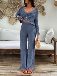 EURMUSE Boho Style Vacation Hollow Out Gold Lurex Shiny Yarn Detailed Button Down Cardigan & Wide Leg Hollow Out Crochet Wide Leg Relaxed Fit 2 Pieces Knit Set - Blue - View 4