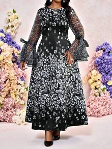 Fleurora Plus Size Elegant Black Leopard Print Round Neck A Line Dress,Flare Sleeve Waist Cinched Autumn Formal Traditional Evening Wedding Guest Midi Dress - Black and White - View 6