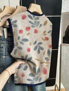 EMERY ROSE 春夏时尚休闲度假沙滩装女装加大码印花毛衣背心，撞色滚边，加大码女式沙滩度假服饰 - 灰色 - 查看 2