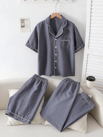 3pcs/Set Teenage Boys' Solid Gray Short Sleeve Top And Shorts Pajama Set