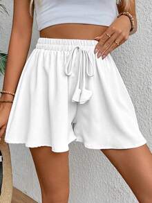 Breezaya Quần short nữ màu trơn, cạp chun, kiểu dáng thường ngày, thích hợp cho mùa hè. - trắng - Xem 3