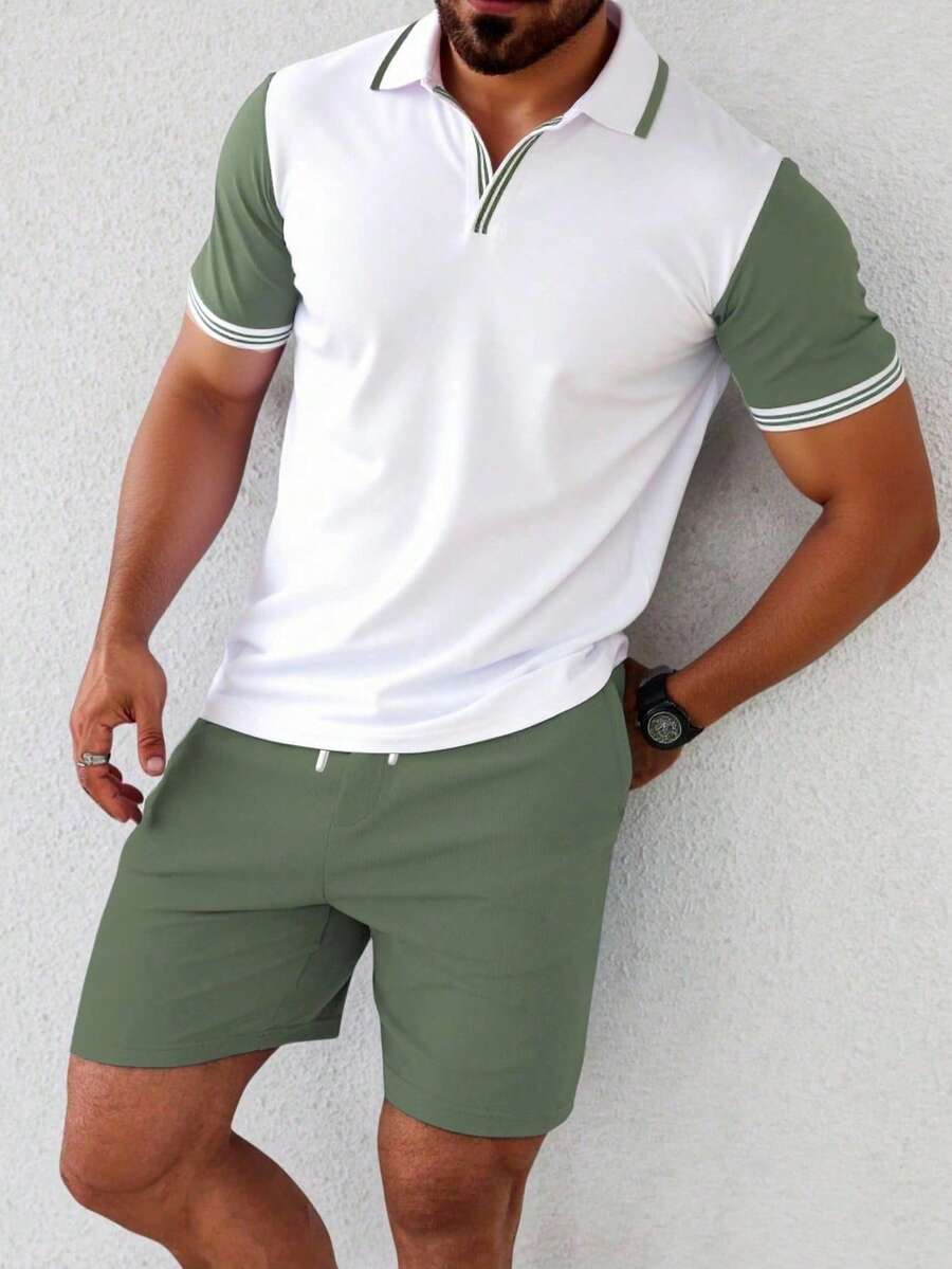 Manfinity Homme Men Striped Short Sleeve Casual Commuting Polo Shirt And Shorts Set - White - View 1