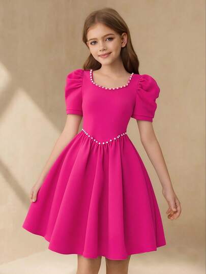 1pc Teen Girl Elegant Knitted Ruffle Collar Beaded Decor Fitted Waist Short Sleeve Dress, Suitable For Teens & Young Girl, Fashionable Spring/Summer Outfit For Daily, Party, Banquet