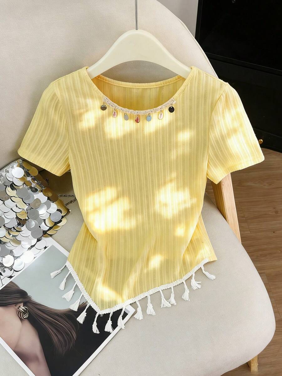 GlowEve Women's Elegant Casual Shell & Tassel Asymmetric Hem Short Sleeve T-Shirt - Baby Blue - View 1