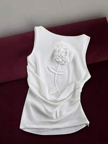 INAWLY Women's Solid Color Ruffled Collar 3D Floral Decor Sleeveless Blouse - White - View 1