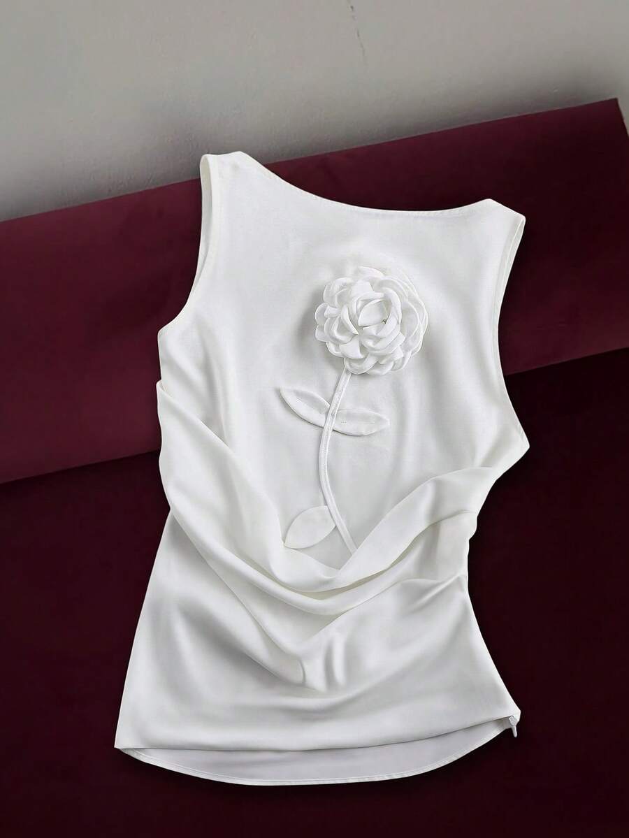 INAWLY Women's Solid Color Ruffled Collar 3D Floral Decor Sleeveless Blouse - White - View 1