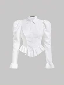 SHEIN MOD Áo kiểu dáng cỡ lớn tay loe, viền bèo nhún, tay phồng, màu trắng, eo thon. - trắng - Xem 5