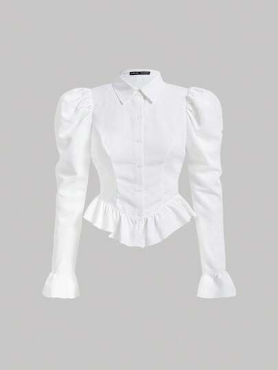 SHEIN MOD 加大码喇叭袖荷叶边泡泡袖白色收腰衬衫