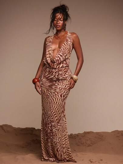 MUSERA Print Plunge Cowl Neck Backless Maxi Dress Cover Up Vacation Holiday Summer Travel Beachwear Terra Sol