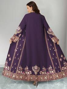 SHEIN Najma Women's Rhombus Geometric Retro Pattern Digital Print Casual Long Sleeve Arabic Abaya Cardigan Maxi Jacket, Spring/Autumn - Multicolor - View 2