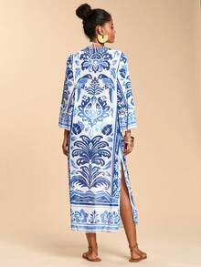 Travachic 女士棕榈树印花V领喇叭袖罩衫连衣裙，度假款 - 彩色 - 查看 2