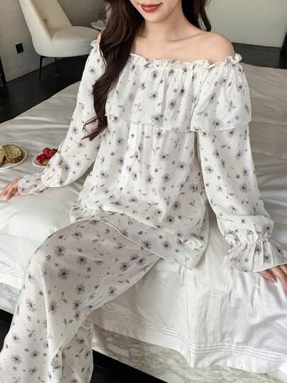 DAZY 浪漫花卉露肩荷叶边女士睡衣套装