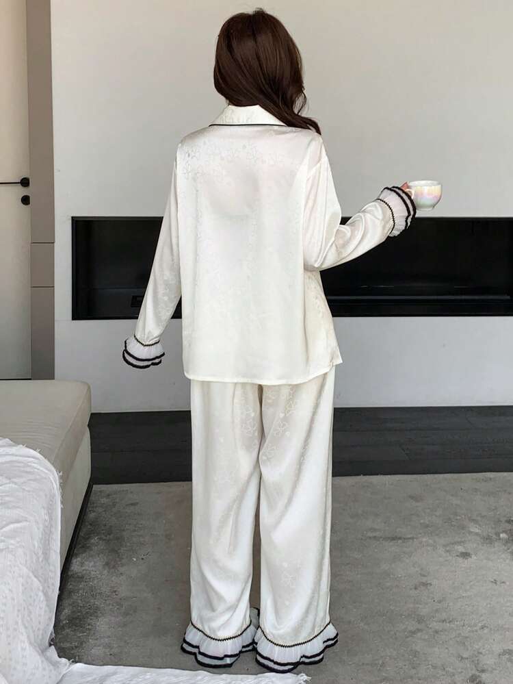 Charming Bow Jacquard Satin Contrast Ruffle Trim Loose Women Pajama Set